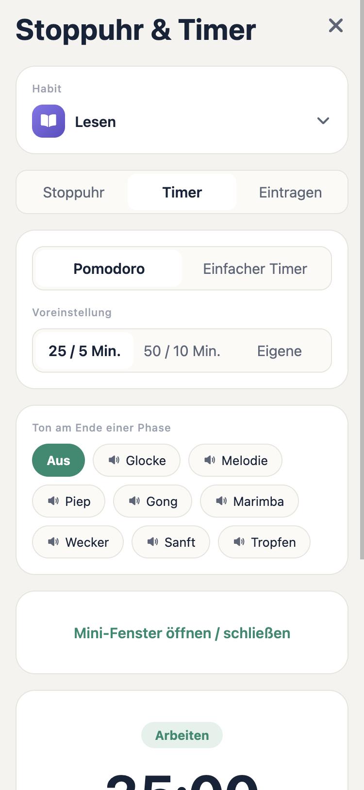 Stoppuhr, Timer und Eintragen