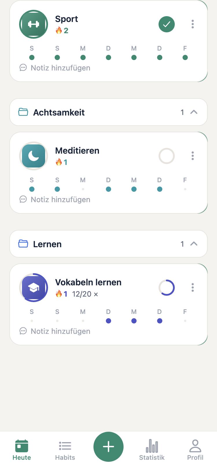 Habits in Kategorie-Ordnern: Fitness, Achtsamkeit, Lernen
