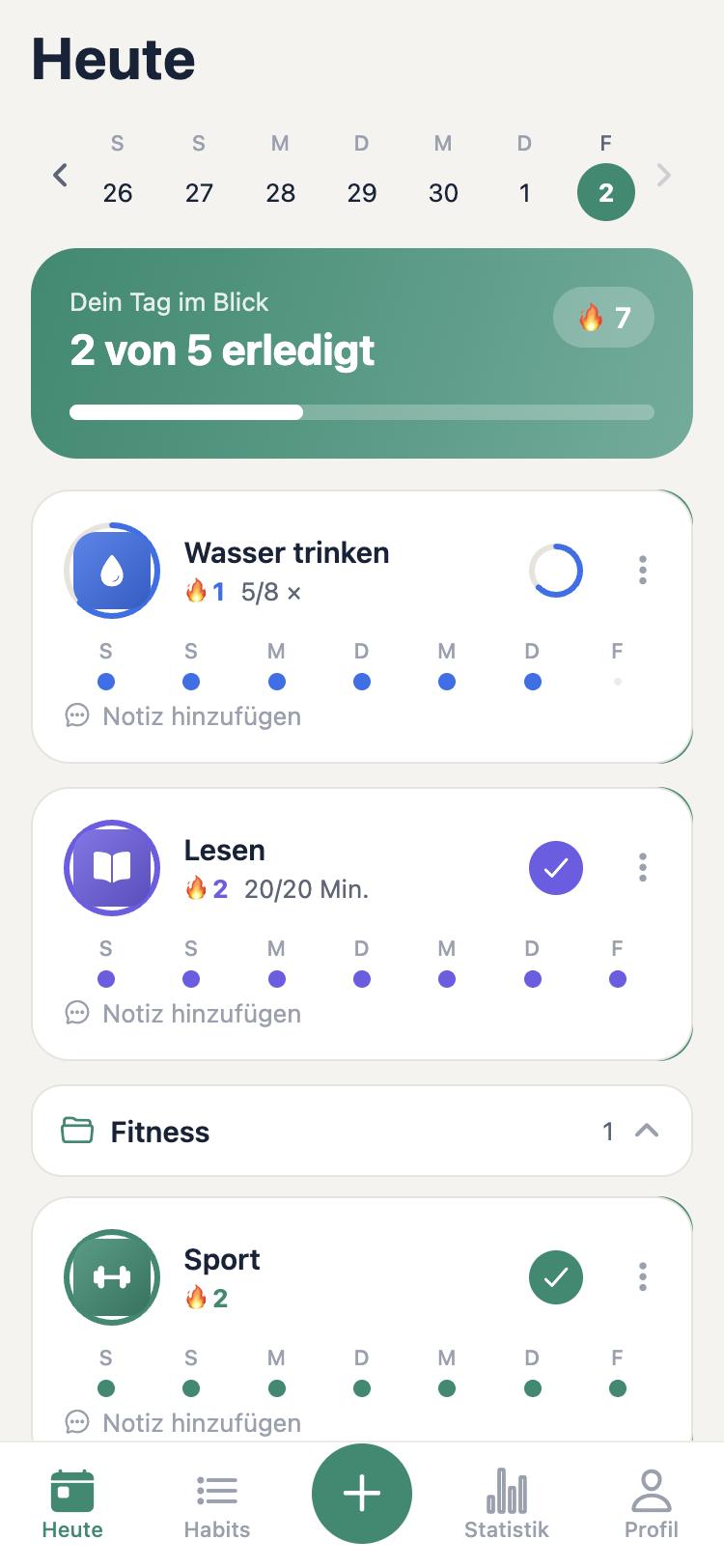 Routelioo Tagesübersicht mit Habits und Serie